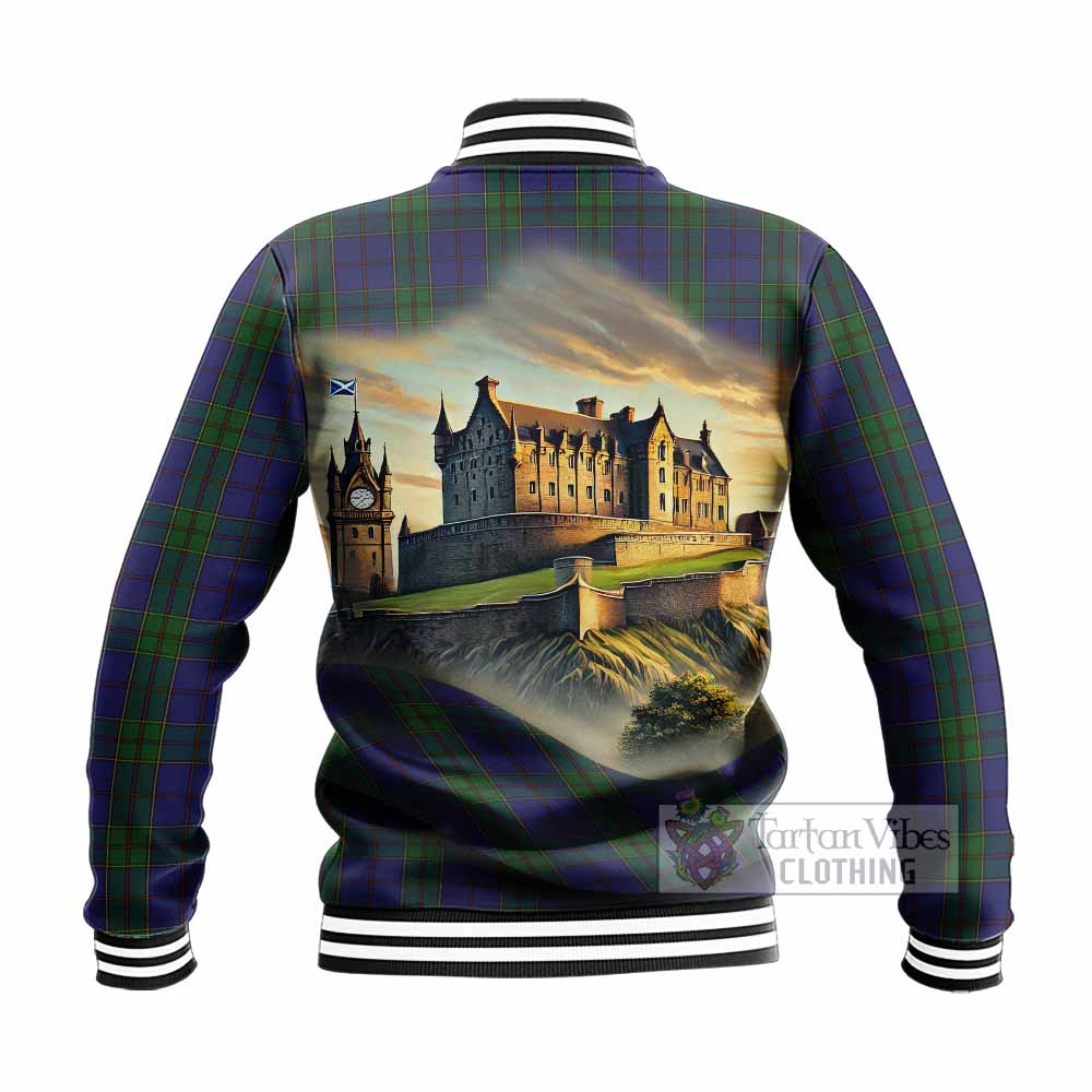 Tartan Vibes Clothing Strachan Tartan Family Crest Baseball Jacket with Scottish Ancient Castle Style