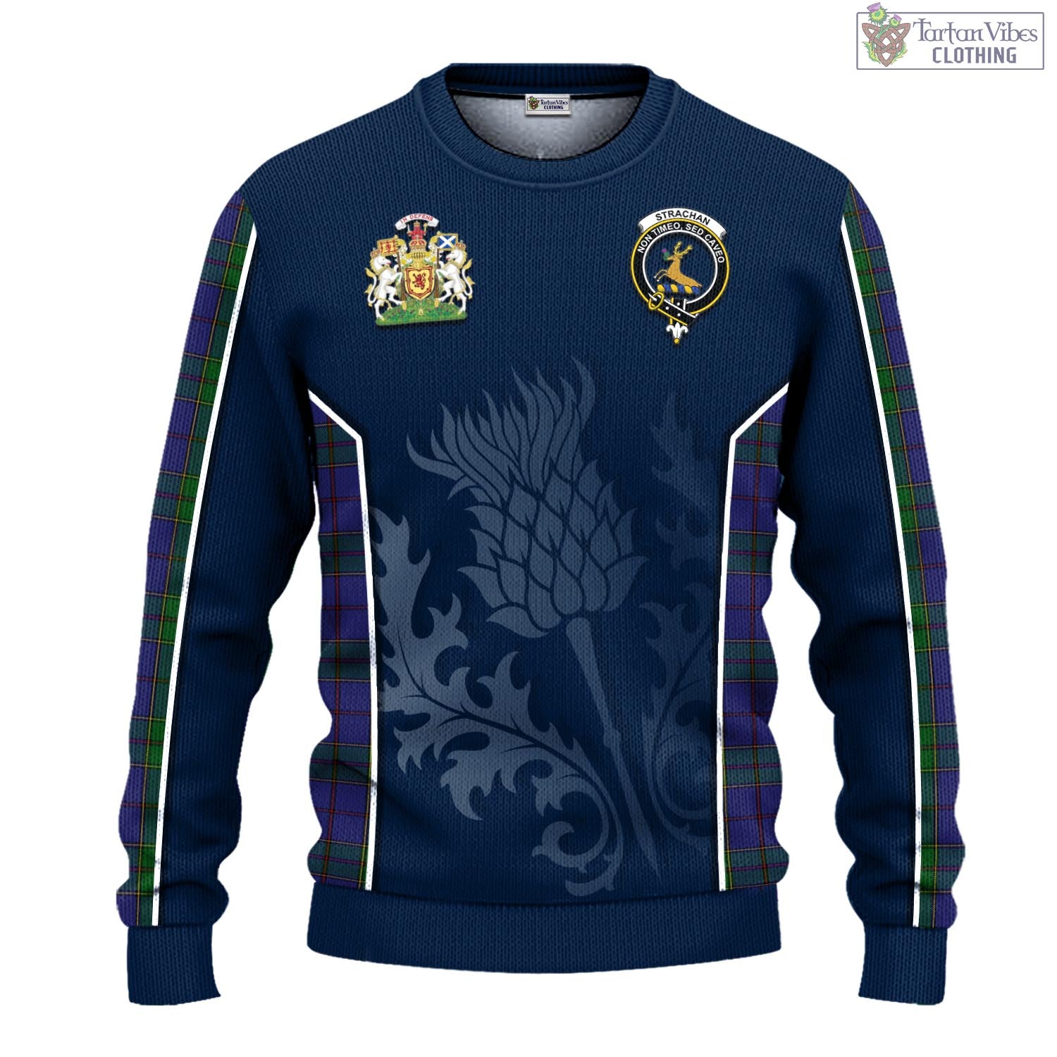 Tartan Vibes Clothing Strachan Tartan Knitted Sweatshirt with Family Crest and Scottish Thistle Vibes Sport Style