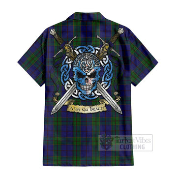 Tartan Vibes Clothing Strachan Tartan Short Sleeve Button Shirt with Family Crest Celtic Skull Style