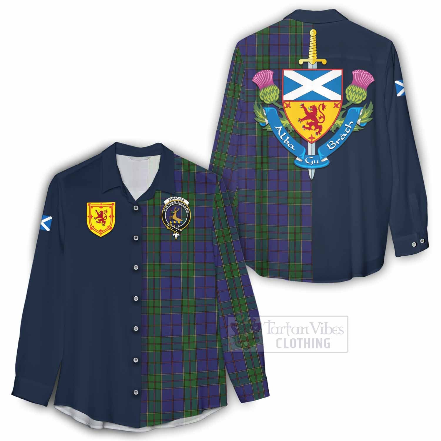Tartan Vibes Clothing Strachan Tartan Women's Casual Shirt Alba with Scottish Lion Royal Arm Half Style