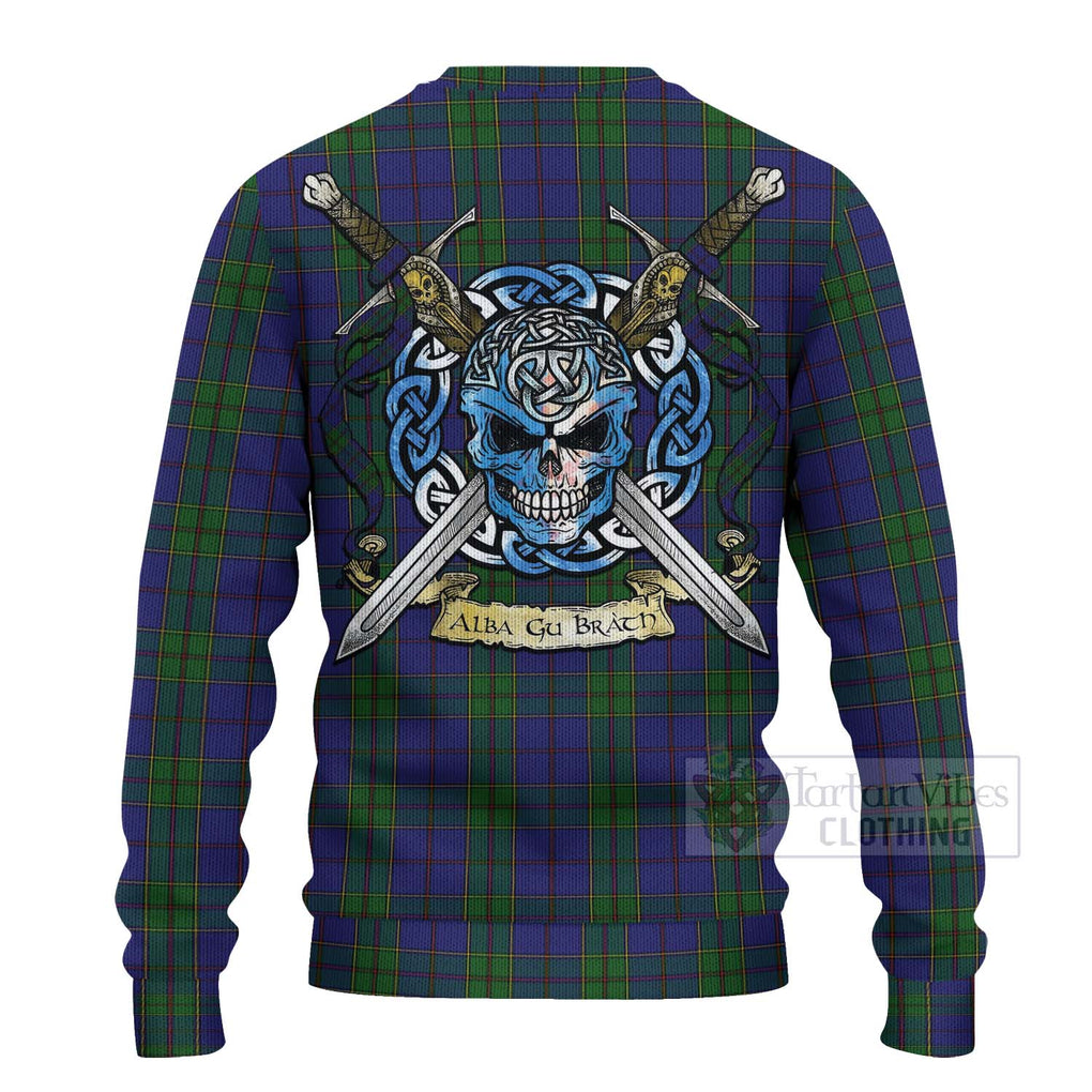 Tartan Vibes Clothing Strachan Tartan Knitted Sweater with Family Crest Celtic Skull Style