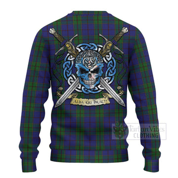 Tartan Vibes Clothing Strachan Tartan Knitted Sweater with Family Crest Celtic Skull Style