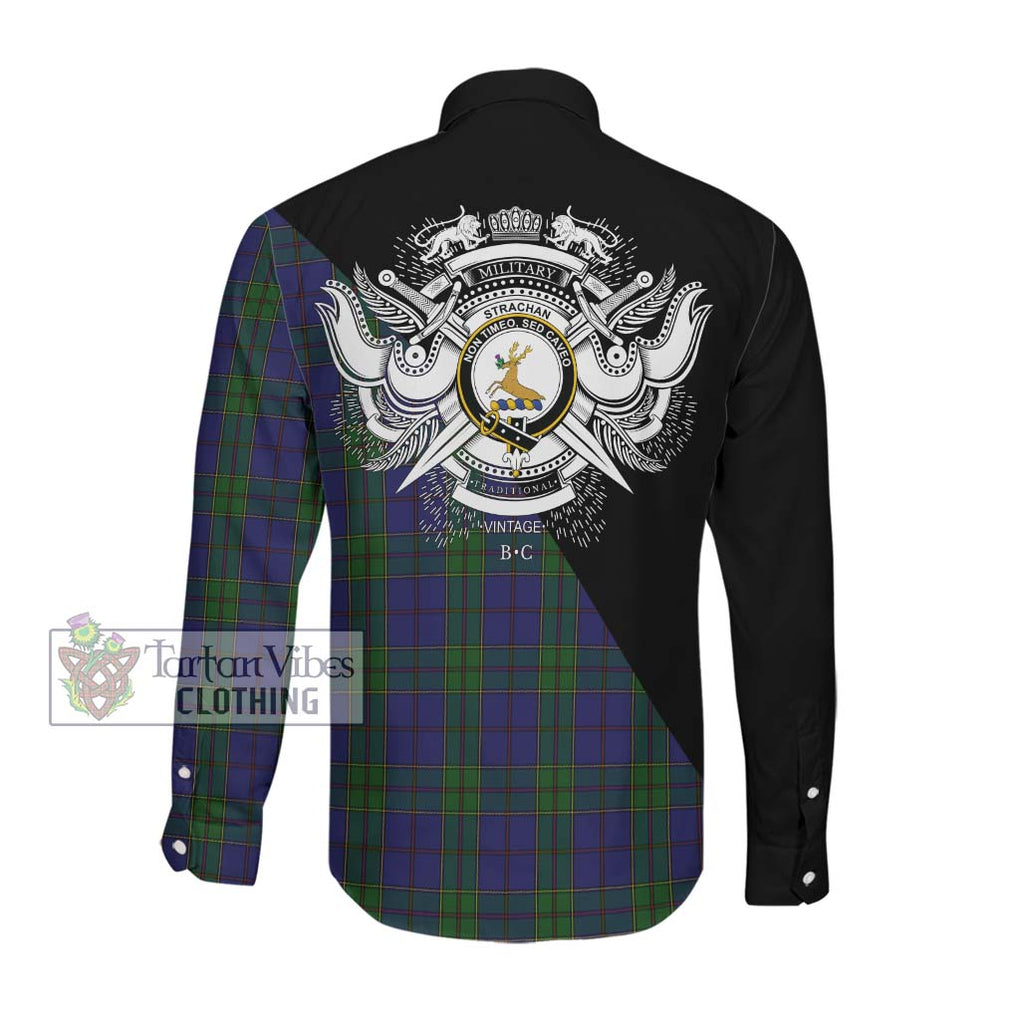 Strachan Tartan Long Sleeve Button Shirt with Family Crest and Military Logo Style Men's Shirt - Tartanvibesclothing Shop