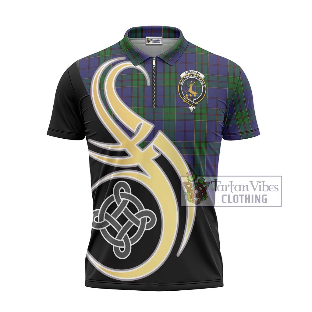 Tartan Vibes Clothing Strachan Tartan Zipper Polo Shirt with Family Crest and Celtic Symbol Style