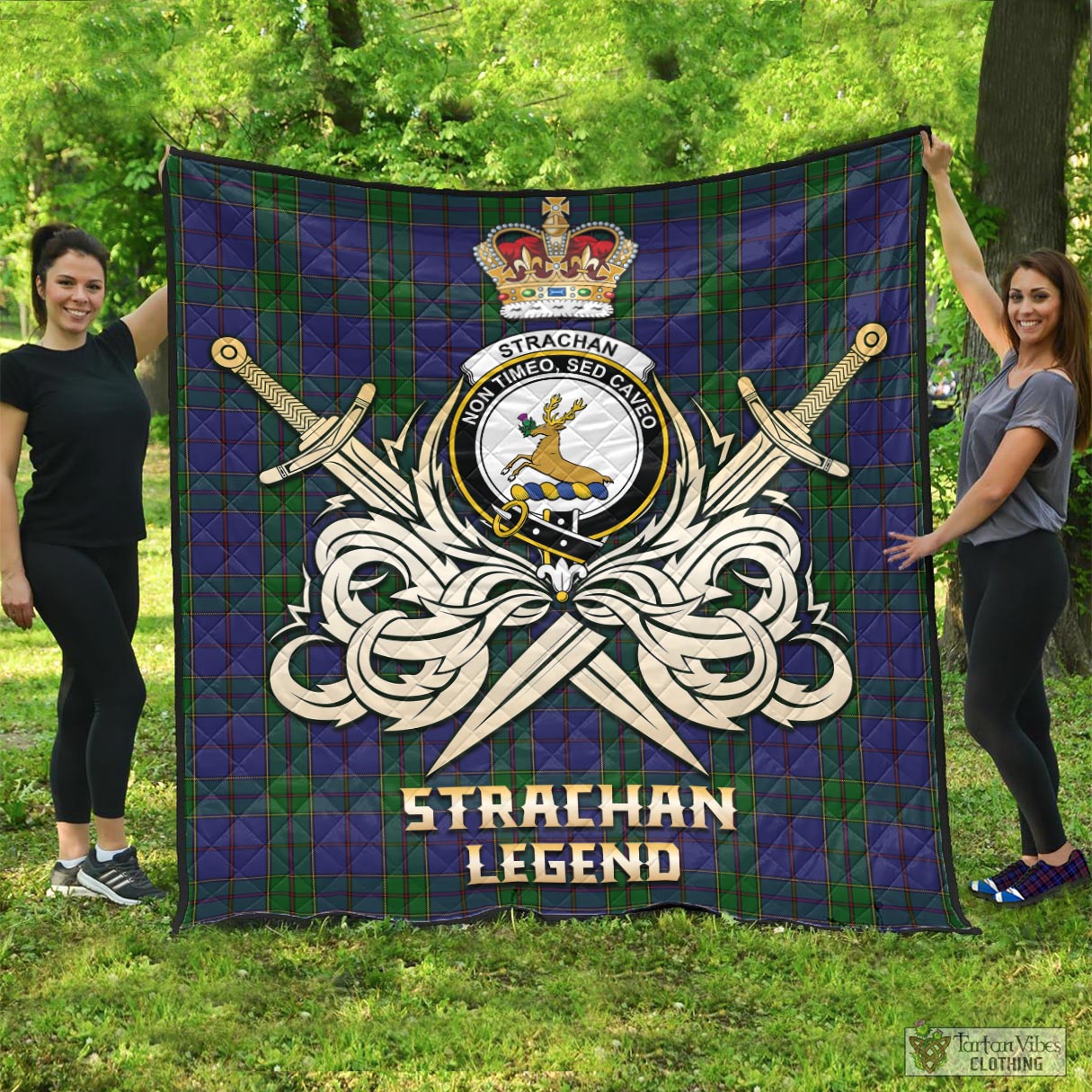 Tartan Vibes Clothing Strachan Tartan Quilt with Clan Crest and the Golden Sword of Courageous Legacy