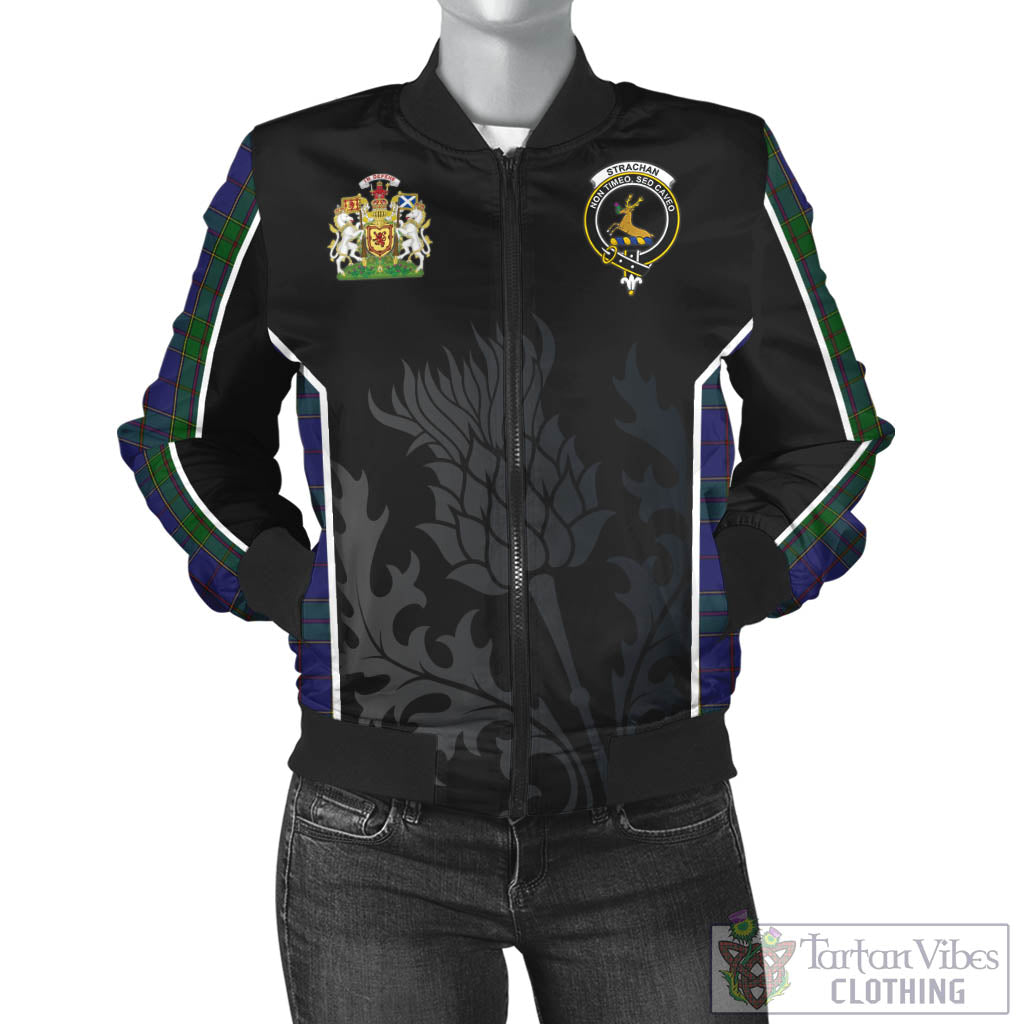 Tartan Vibes Clothing Strachan Tartan Bomber Jacket with Family Crest and Scottish Thistle Vibes Sport Style