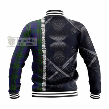 Tartan Vibes Clothing Strachan Tartan Baseball Jacket with Family Crest Cross Sword Thistle Celtic Vibes