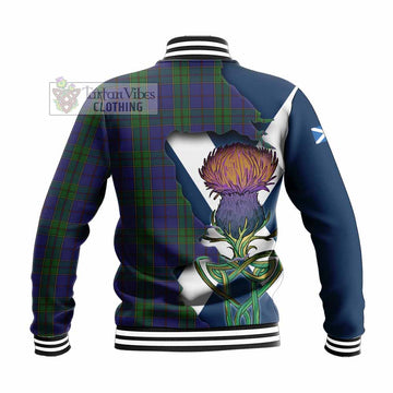 Tartan Vibes Clothing Strachan Tartan Family Crest Baseball Jacket Scottish Thistle Celtic Inspired