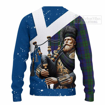 Tartan Vibes Clothing Strachan Tartan Knitted Sweater with Family Crest Scottish Bagpiper Vibes