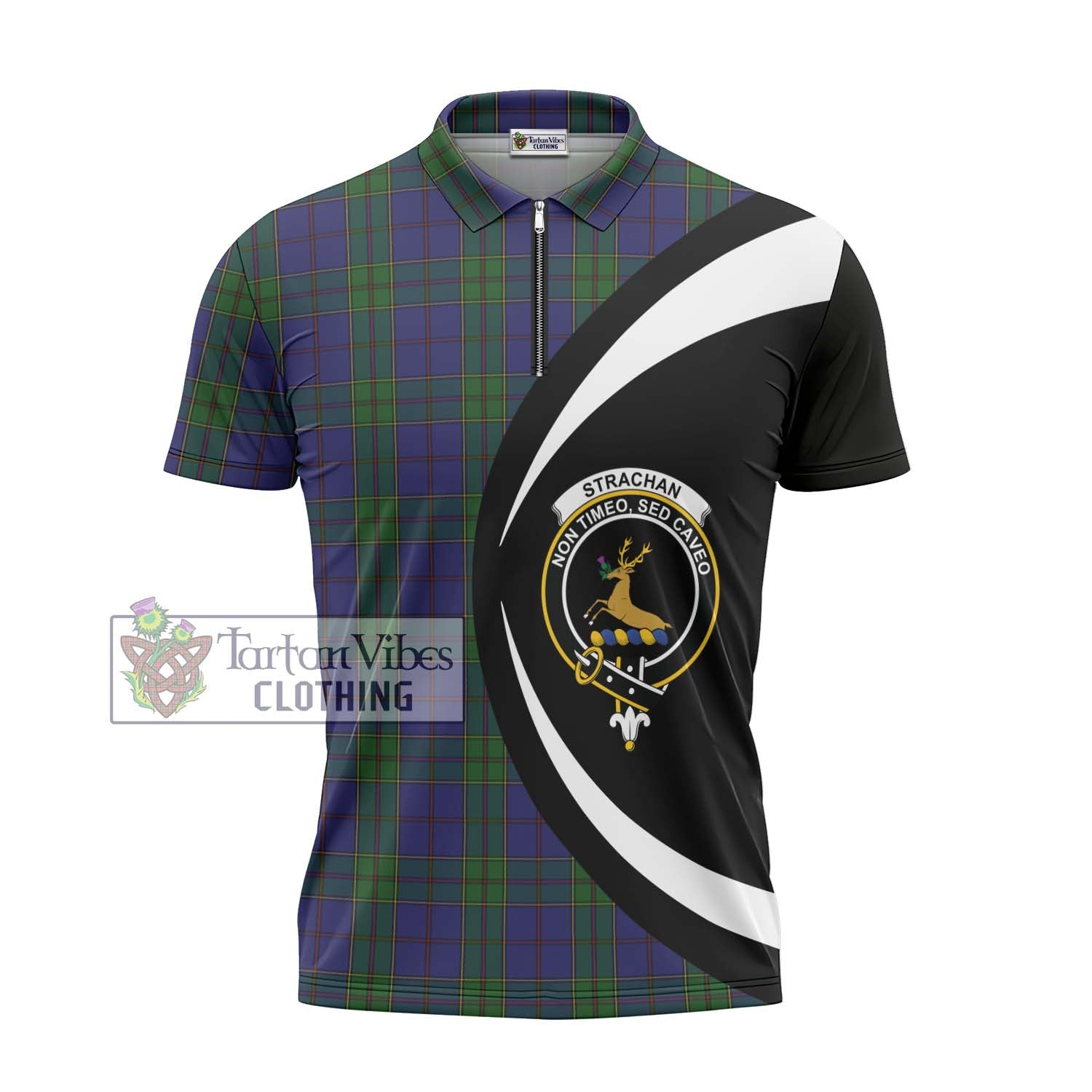 Strachan Tartan Zipper Polo Shirt with Family Crest Circle Style - Tartan Vibes Clothing