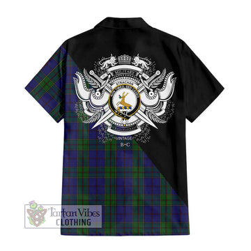 Strachan Tartan Short Sleeve Button Shirt with Family Crest and Military Logo Style - Tartanvibesclothing Shop