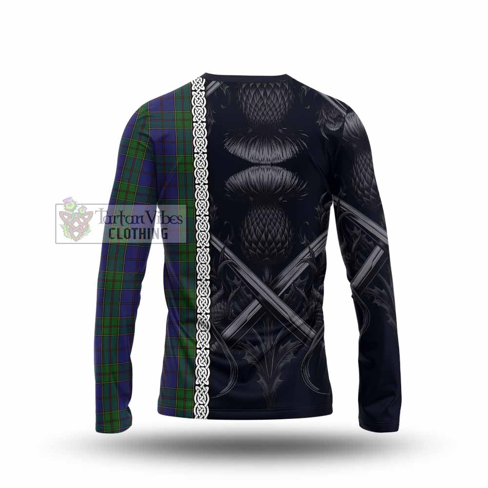 Tartan Vibes Clothing Strachan Tartan Long Sleeve T-Shirt with Family Crest Cross Sword Thistle Celtic Vibes