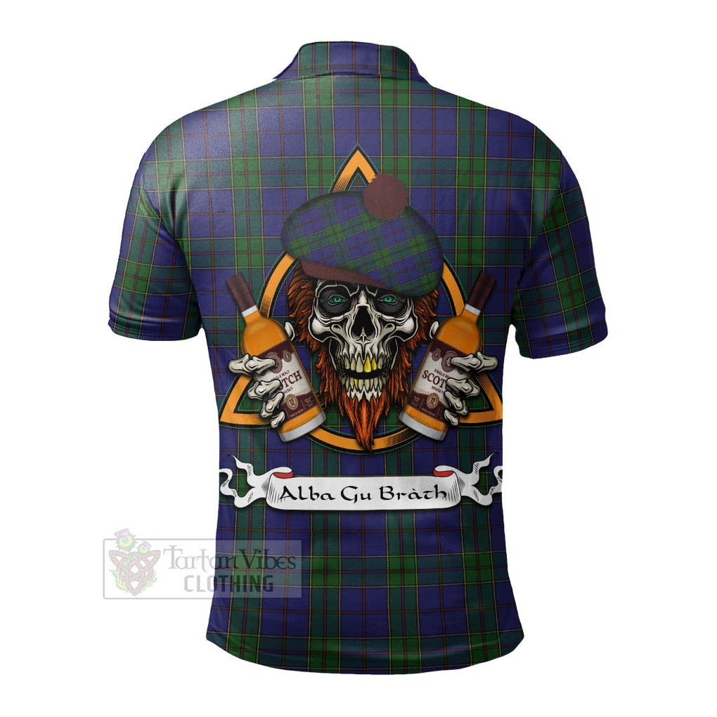 Tartan Vibes Clothing Strachan Tartan Polo Shirt with Family Crest and Bearded Skull Holding Bottles of Whiskey