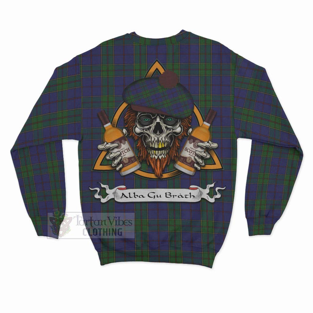 Tartan Vibes Clothing Strachan Tartan Sweatshirt with Family Crest and Bearded Skull Holding Bottles of Whiskey