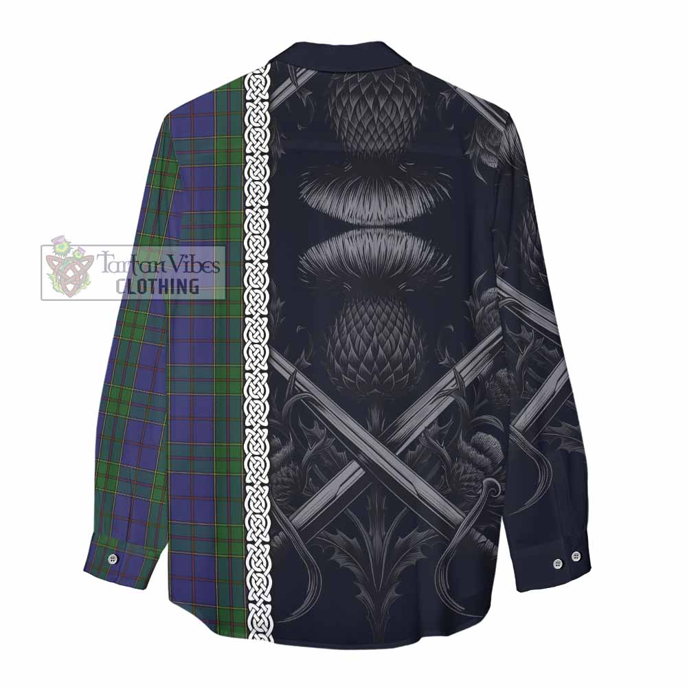 Tartan Vibes Clothing Strachan Tartan Women's Casual Shirt with Family Crest Cross Sword Thistle Celtic Vibes
