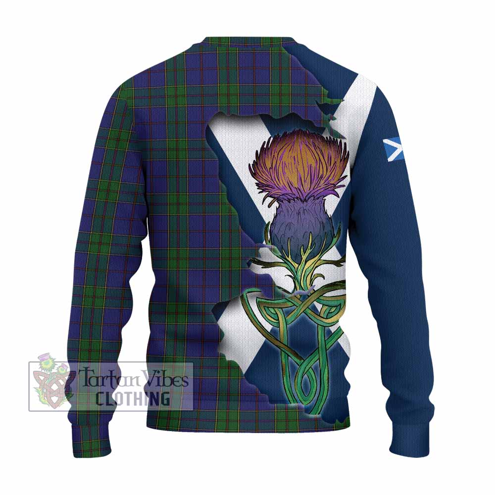 Tartan Vibes Clothing Strachan Tartan Family Crest Knitted Sweater Scottish Thistle Celtic Inspired