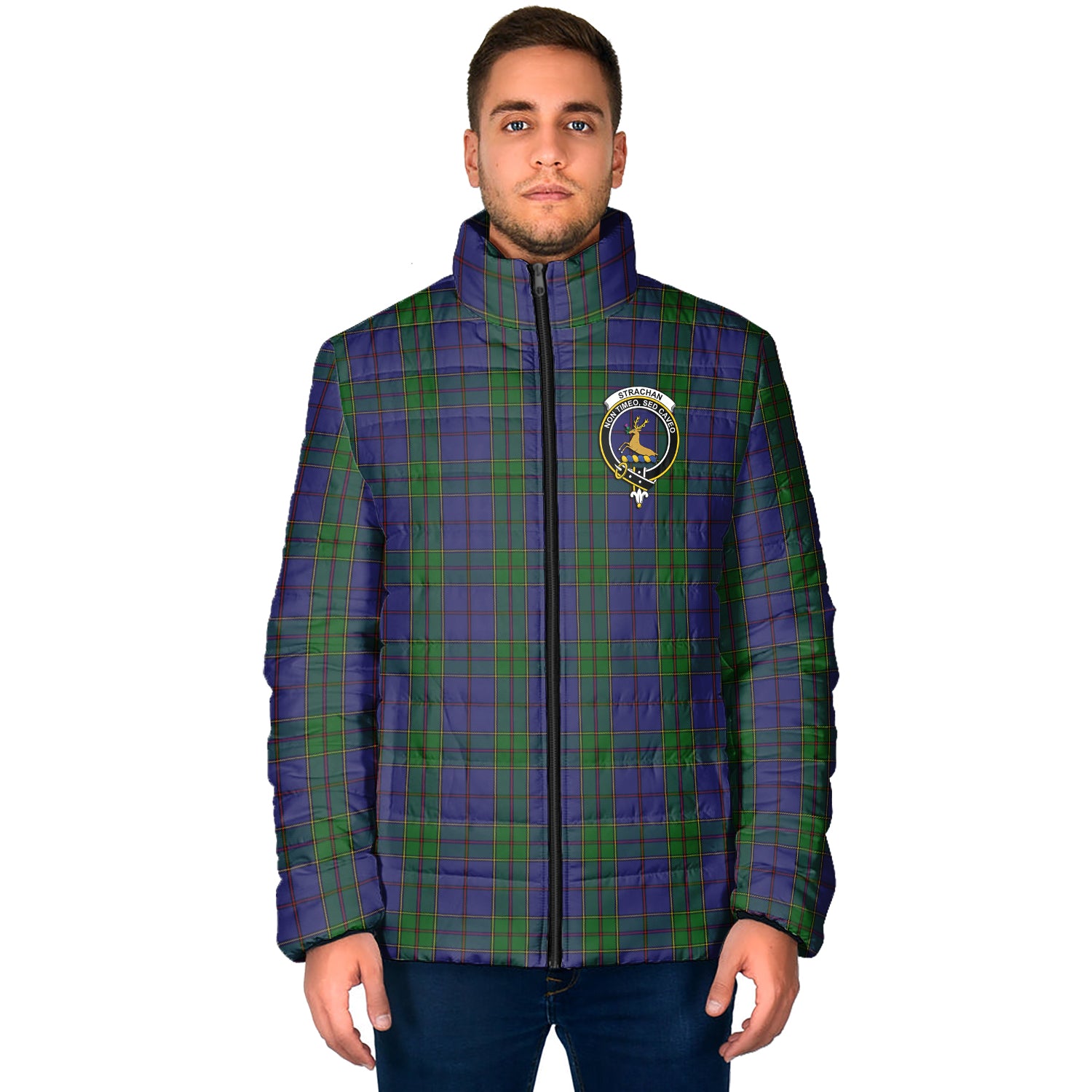 Strachan Tartan Padded Jacket with Family Crest - Tartan Vibes Clothing