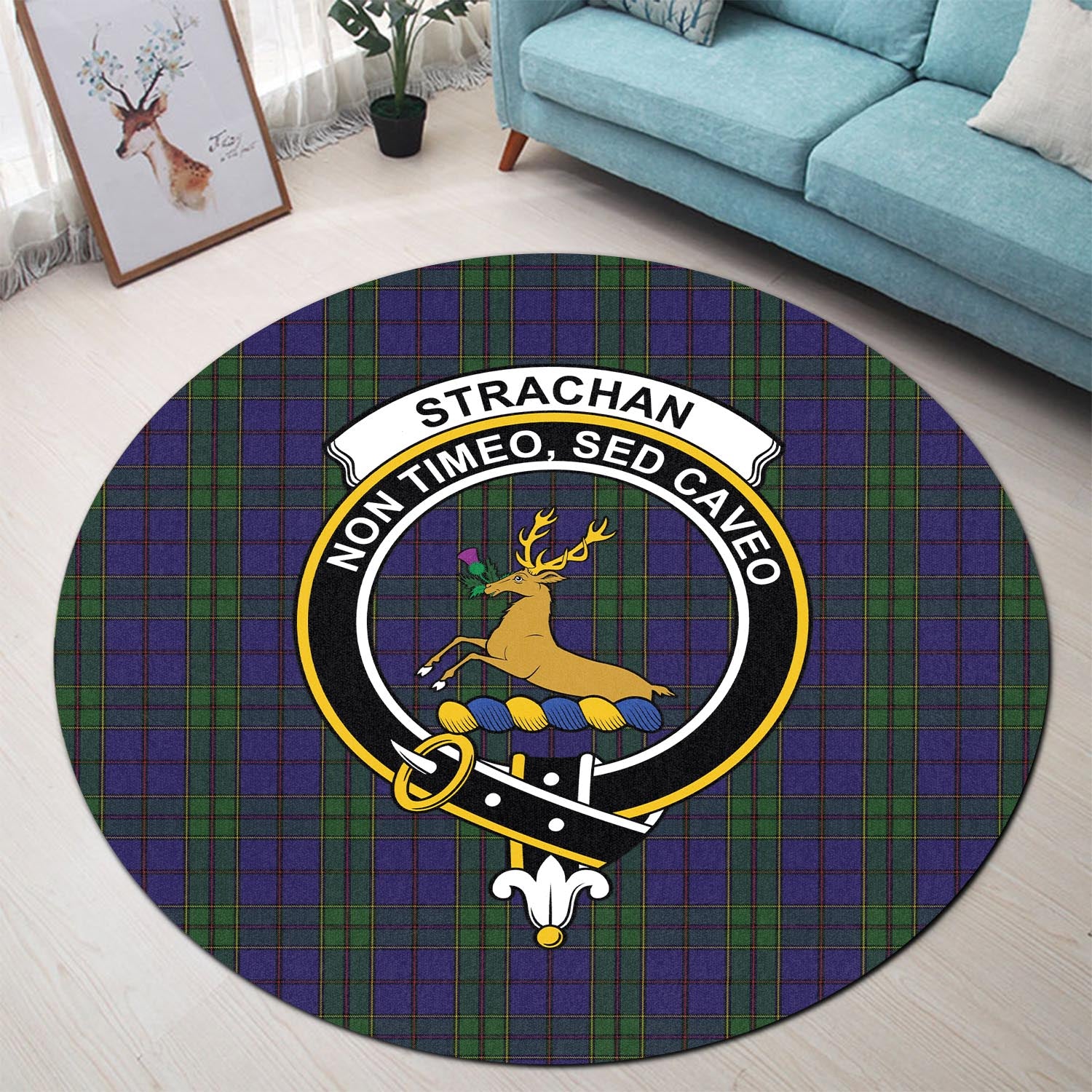 strachan-tartan-round-rug-with-family-crest