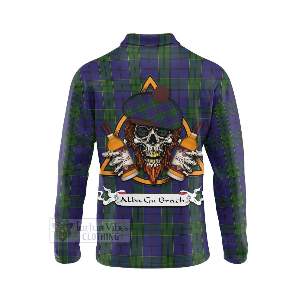 Tartan Vibes Clothing Strachan Tartan Long Sleeve Polo Shirt with Family Crest and Bearded Skull Holding Bottles of Whiskey