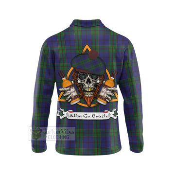 Tartan Vibes Clothing Strachan Tartan Long Sleeve Polo Shirt with Family Crest and Bearded Skull Holding Bottles of Whiskey