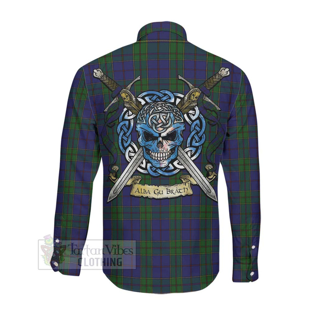 Tartan Vibes Clothing Strachan Tartan Long Sleeve Button Shirt with Family Crest Celtic Skull Style
