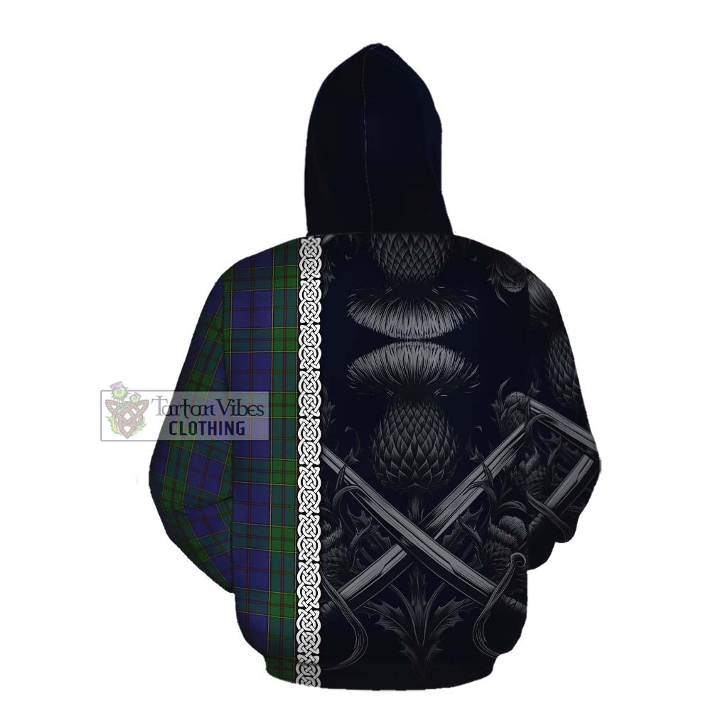 Tartan Vibes Clothing Strachan Tartan Cotton Hoodie with Family Crest Cross Sword Thistle Celtic Vibes