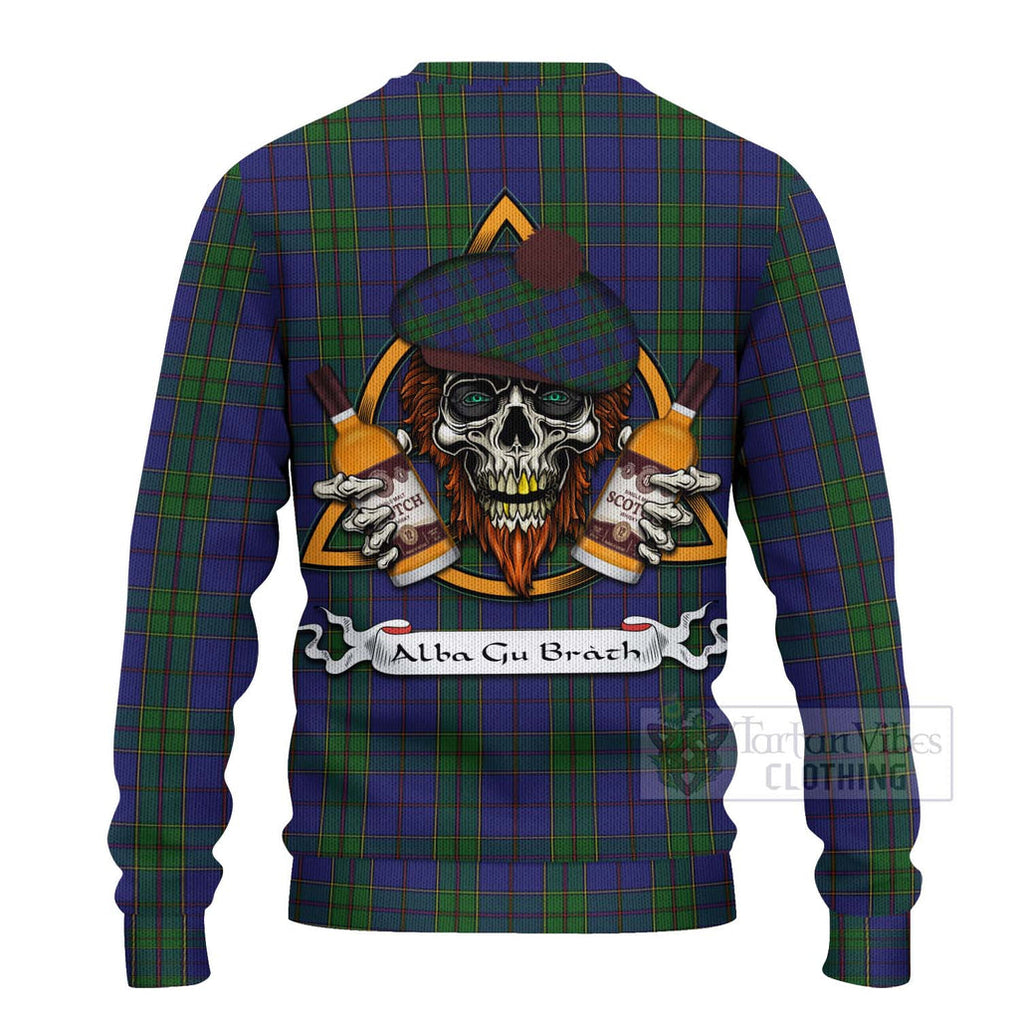 Tartan Vibes Clothing Strachan Tartan Knitted Sweater with Family Crest and Bearded Skull Holding Bottles of Whiskey
