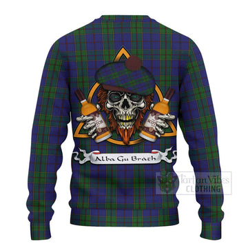 Tartan Vibes Clothing Strachan Tartan Knitted Sweater with Family Crest and Bearded Skull Holding Bottles of Whiskey
