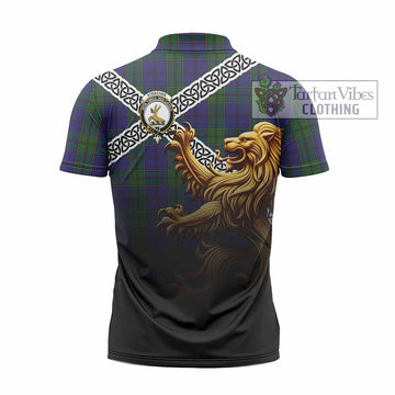 Strachan Crest Tartan Zipper Polo Shirt with Golden Lion Emblem Celtic Style