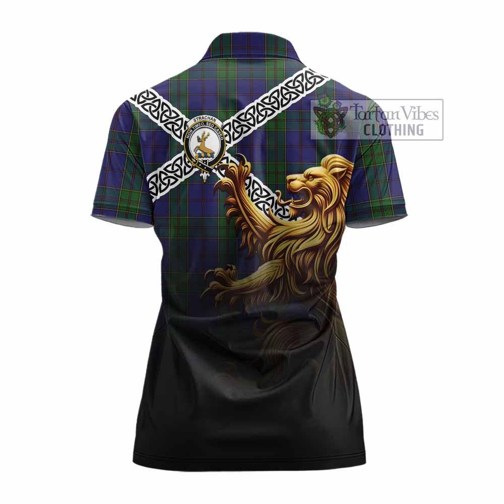 Tartan Vibes Clothing Strachan Crest Tartan Women's Polo Shirt with Golden Lion Emblem Celtic Style