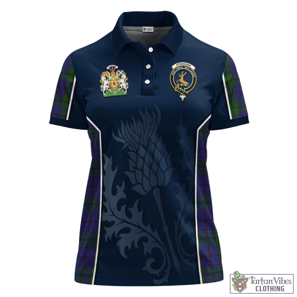 Tartan Vibes Clothing Strachan Tartan Women's Polo Shirt with Family Crest and Scottish Thistle Vibes Sport Style