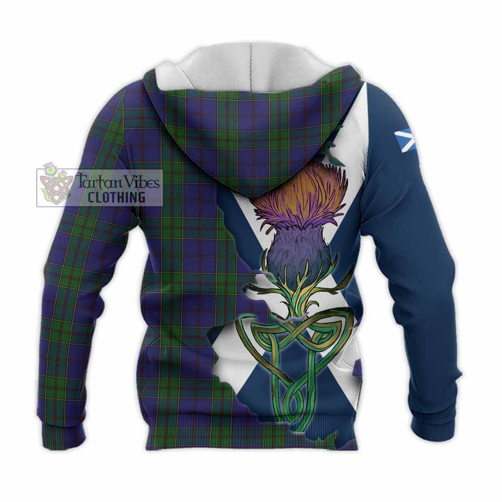 Tartan Vibes Clothing Strachan Tartan Family Crest Knitted Hoodie Scottish Thistle Celtic Inspired