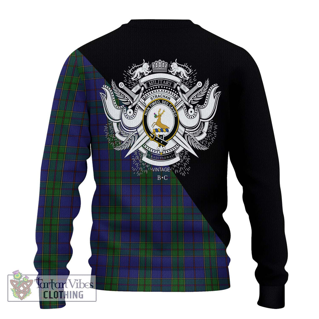 Strachan Tartan Knitted Sweater with Family Crest and Military Logo Style - Tartanvibesclothing Shop