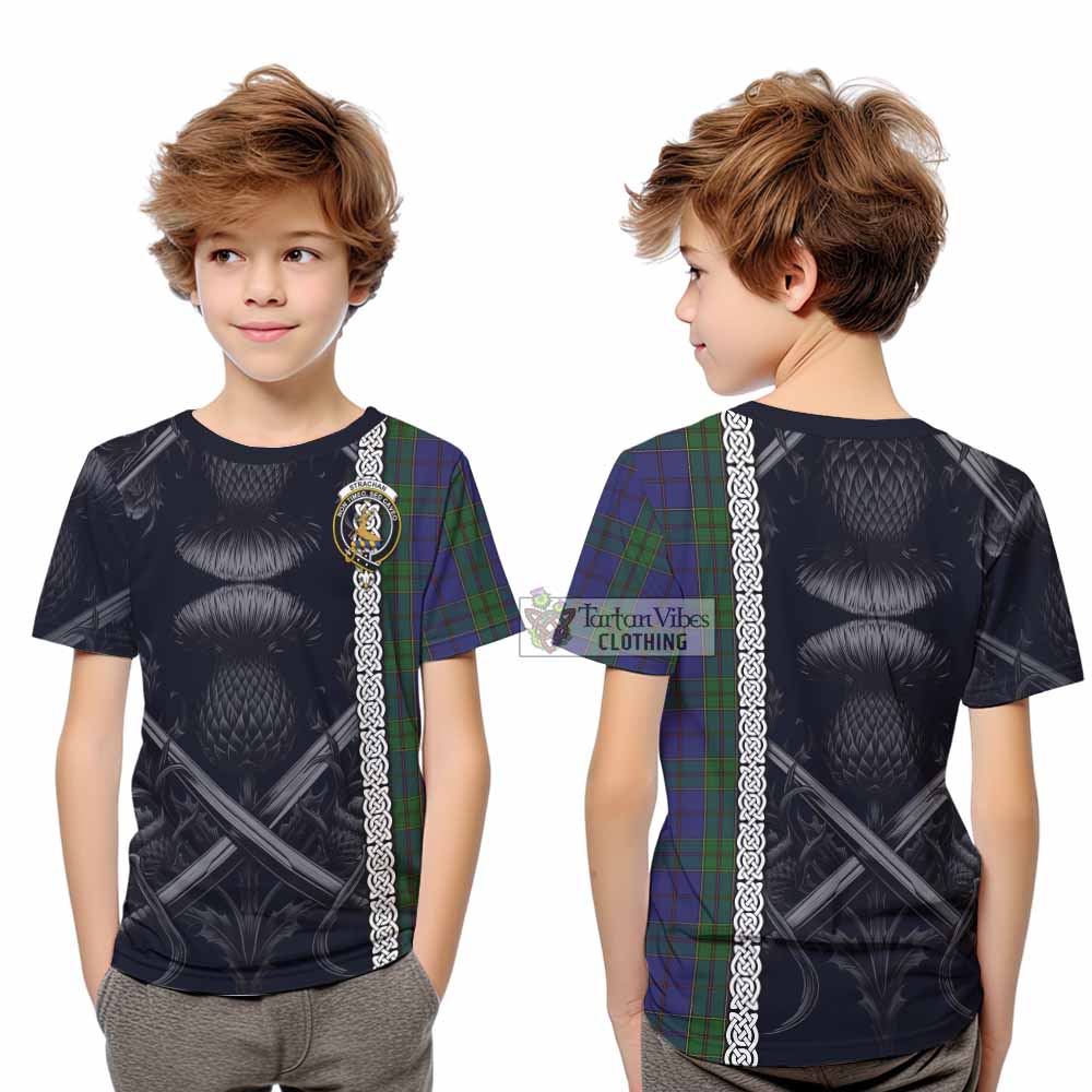 Tartan Vibes Clothing Strachan Tartan Kid T-Shirt with Family Crest Cross Sword Thistle Celtic Vibes