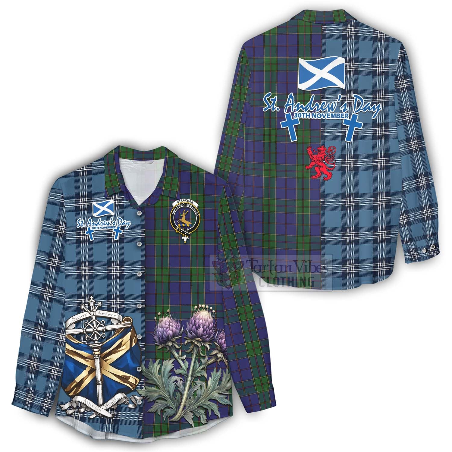 Tartan Vibes Clothing Strachan Tartan Women's Casual Shirt Happy St. Andrew's Day Half Tartan Style