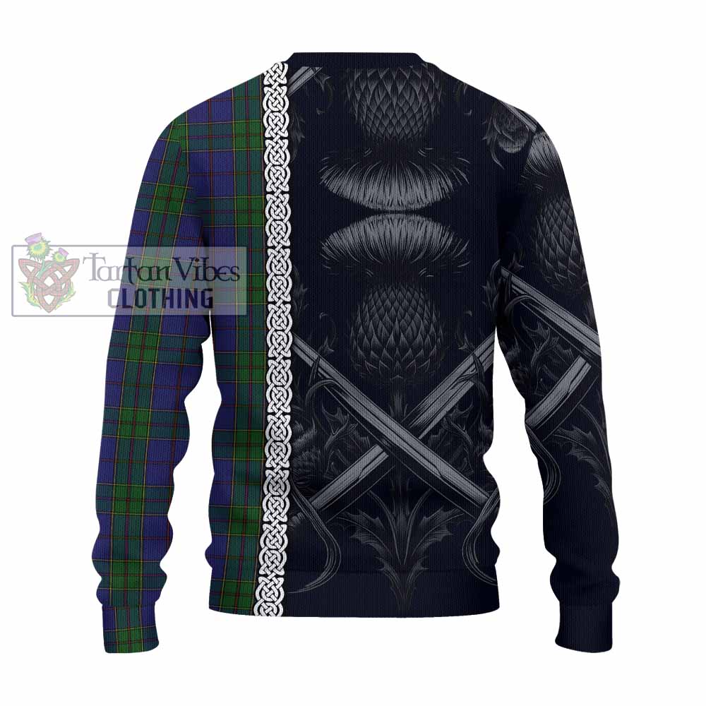 Tartan Vibes Clothing Strachan Tartan Knitted Sweater with Family Crest Cross Sword Thistle Celtic Vibes