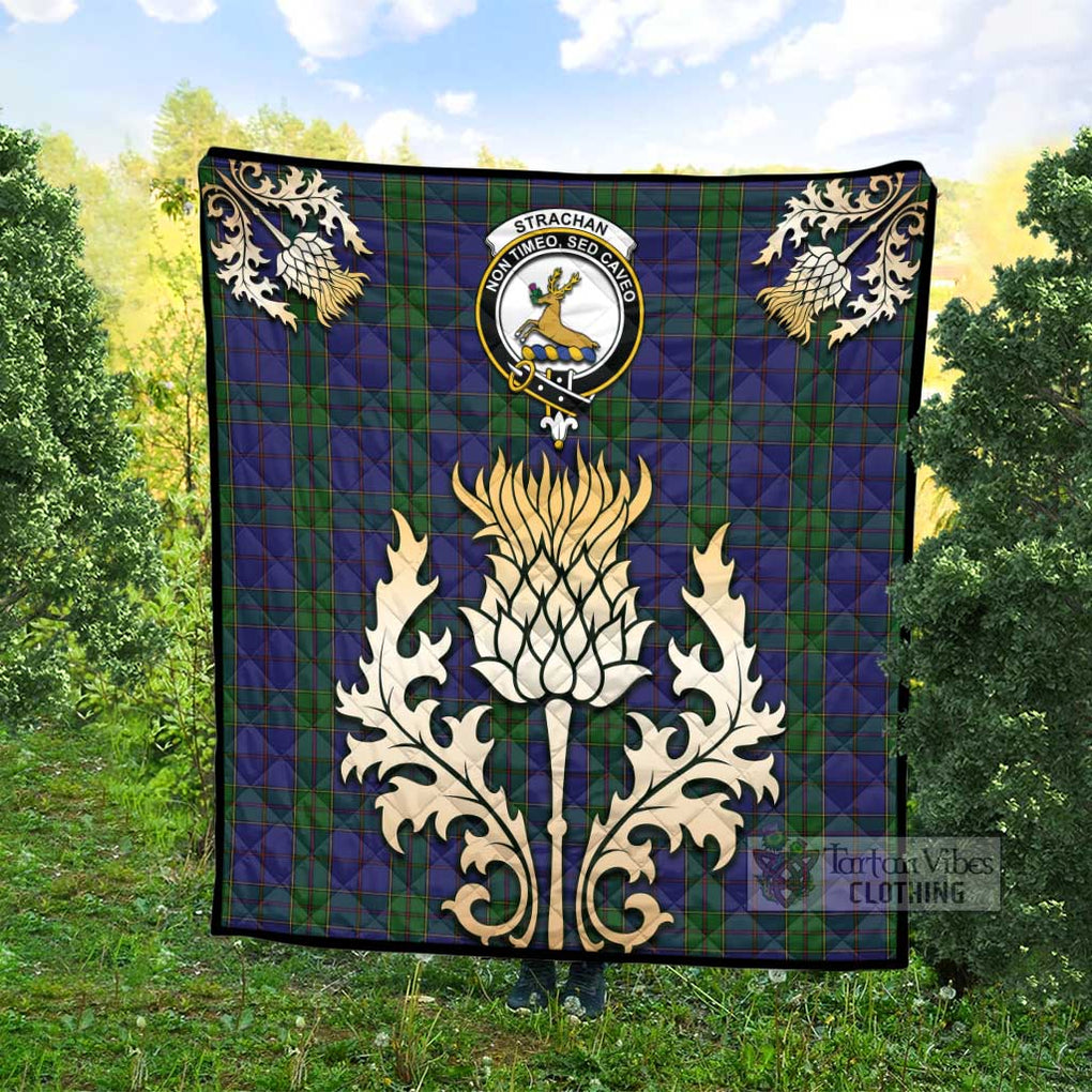 Tartan Vibes Clothing Strachan Tartan Quilt with Family Crest and Golden Thistle Style