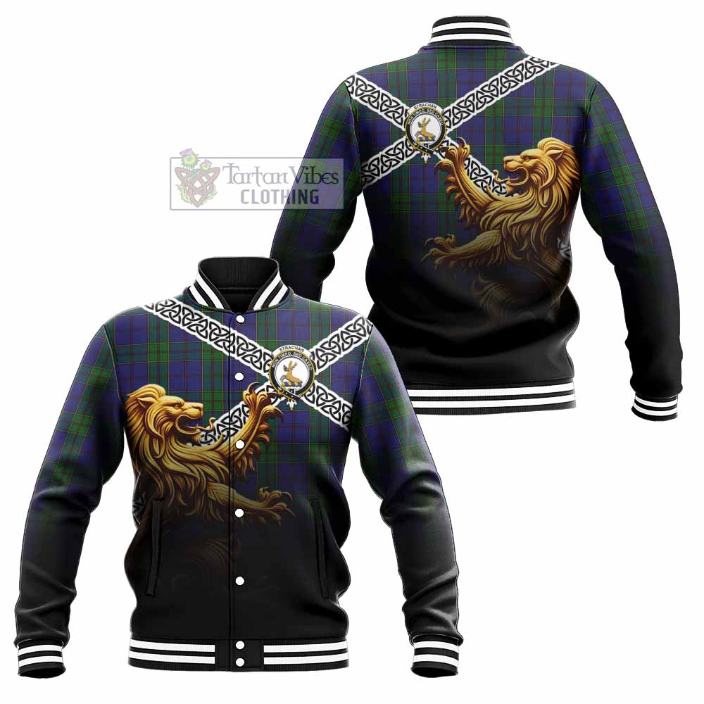 Tartan Vibes Clothing Strachan Crest Tartan Baseball Jacket with Golden Lion Emblem Celtic Style
