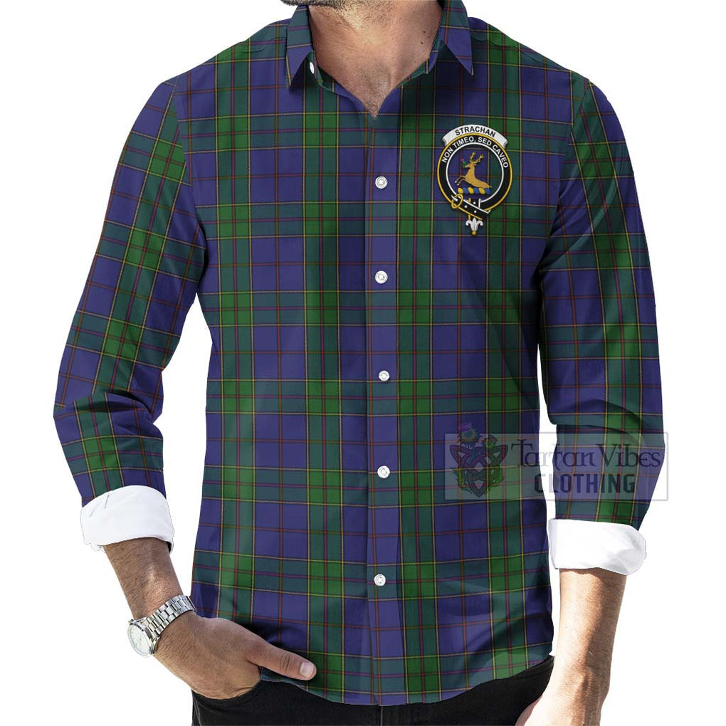 Tartan Vibes Clothing Strachan Tartan Long Sleeve Button Shirt with Family Crest Celtic Skull Style