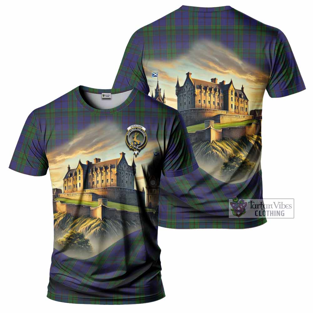 Tartan Vibes Clothing Strachan Tartan Family Crest T-Shirt with Scottish Ancient Castle Stype