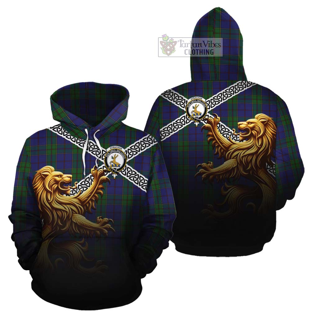Tartan Vibes Clothing Strachan Crest Tartan Cotton Hoodie with Golden Lion Emblem Celtic Style