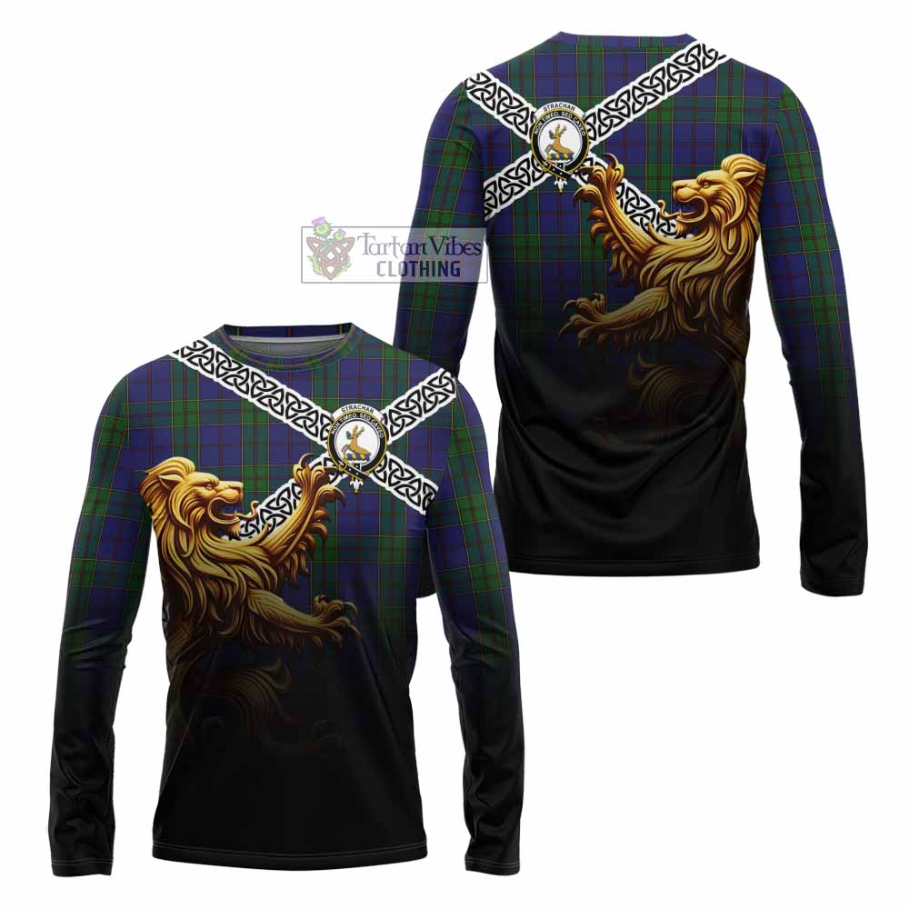 Tartan Vibes Clothing Strachan Crest Tartan Long Sleeve T-Shirt with Golden Lion Emblem Celtic Style