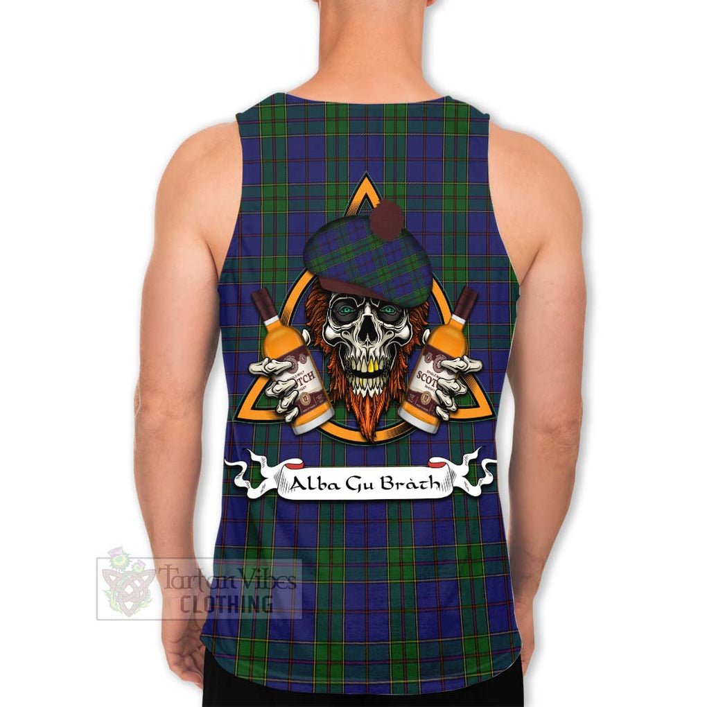 Tartan Vibes Clothing Strachan Tartan Men's Tank Top with Family Crest and Bearded Skull Holding Bottles of Whiskey