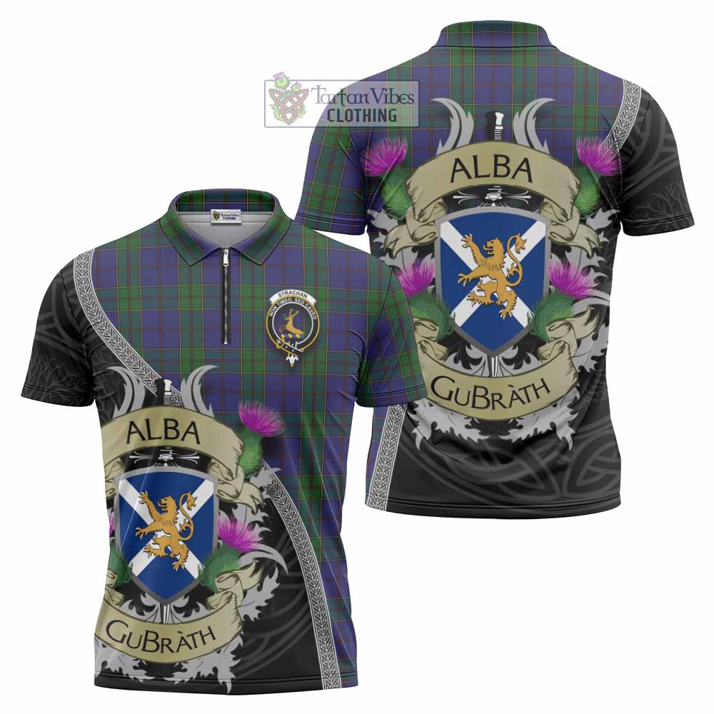 Tartan Vibes Clothing Strachan Tartan Family Crest Zipper Polo Shirt Lion Rampant Royal Thistle Shield Celtic Inspired