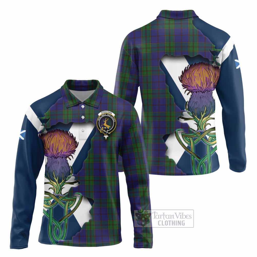Tartan Vibes Clothing Strachan Tartan Family Crest Long Sleeve Polo Shirt Scottish Thistle Celtic Inspired