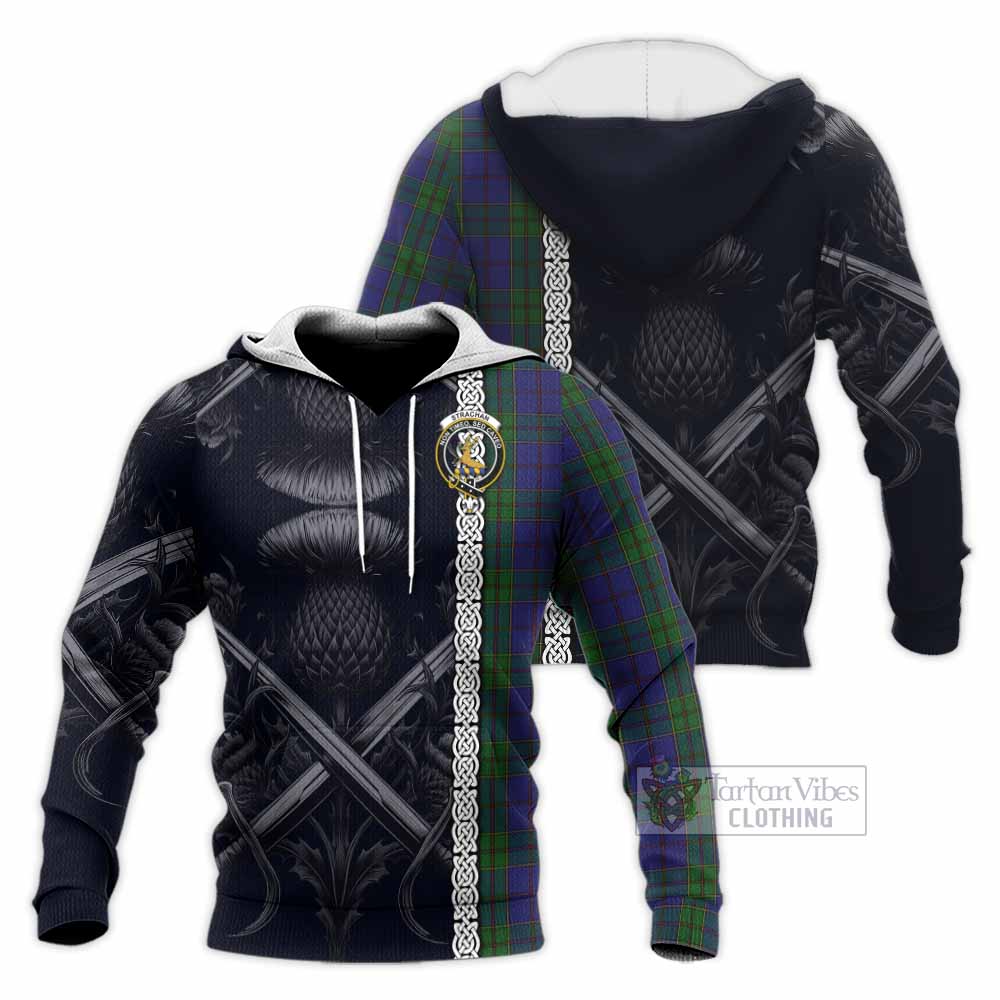 Tartan Vibes Clothing Strachan Tartan Knitted Hoodie with Family Crest Cross Sword Thistle Celtic Vibes