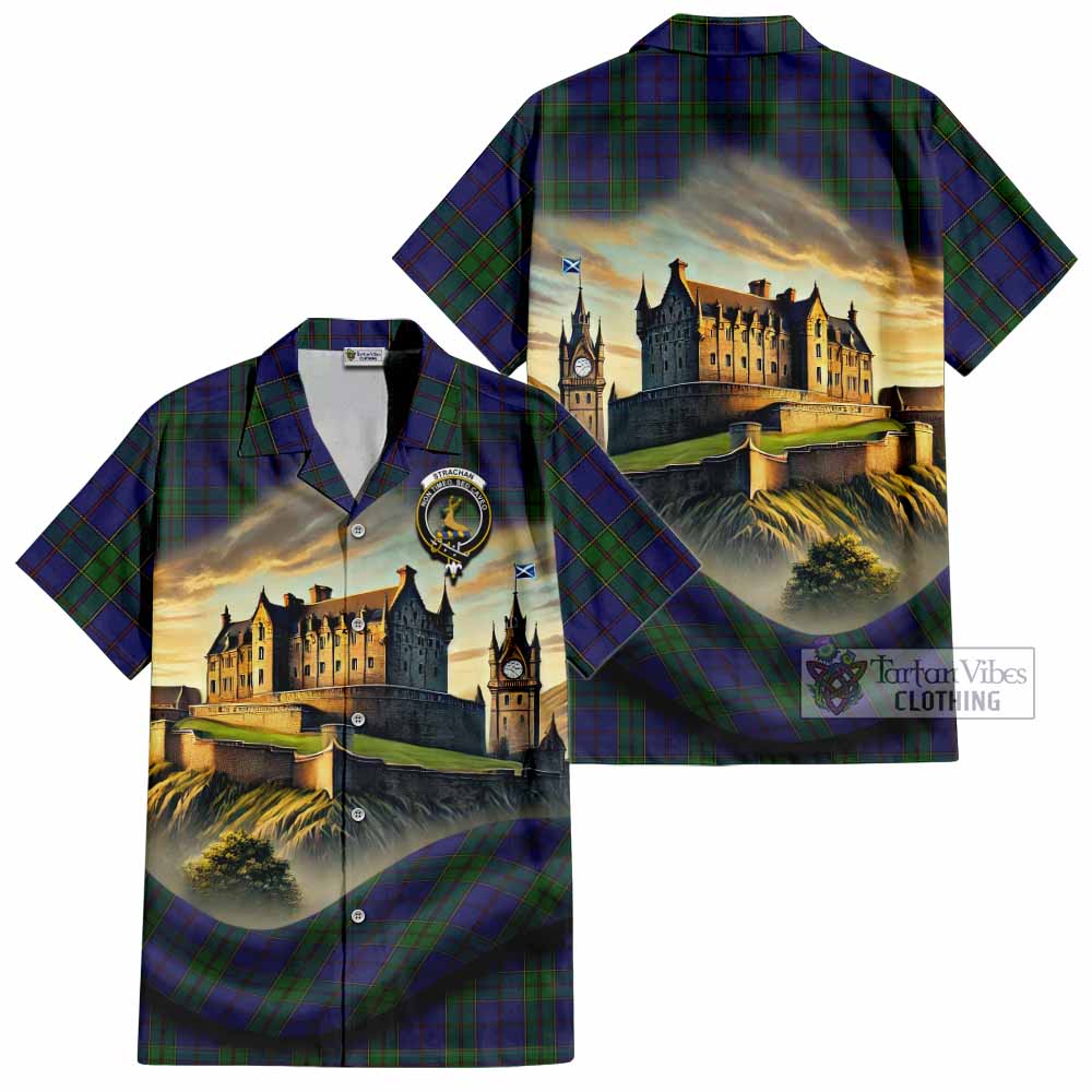 Tartan Vibes Clothing Strachan Tartan Family Crest Short Sleeve Button Shirt with Scottish Ancient Castle Style