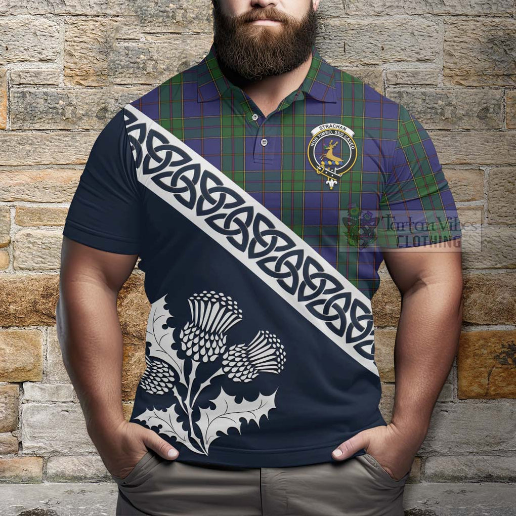 Strachan Tartan Polo Shirt Featuring Thistle and Scotland Map