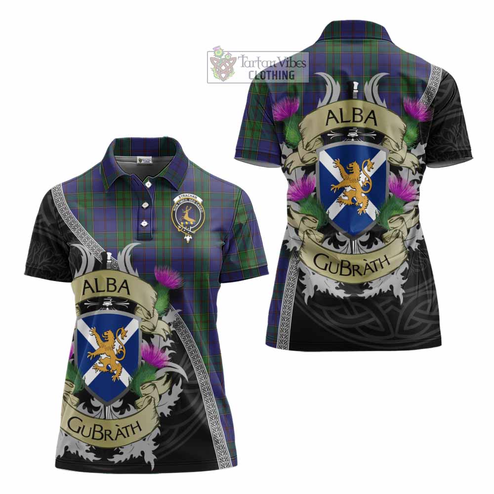 Tartan Vibes Clothing Strachan Tartan Family Crest Women's Polo Shirt Lion Rampant Royal Thistle Shield Celtic Inspired