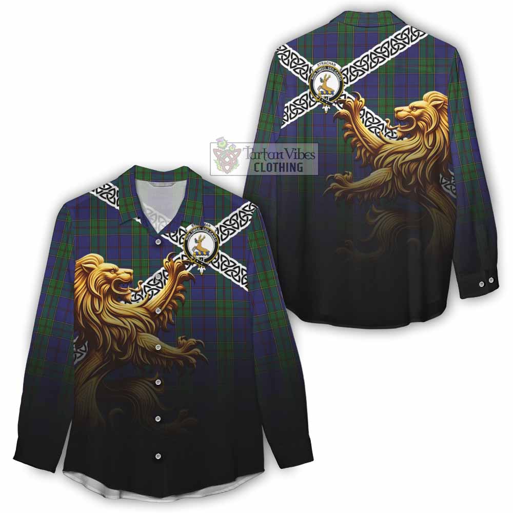 Tartan Vibes Clothing Strachan Crest Tartan Women's Casual Shirt with Golden Lion Emblem Celtic Style
